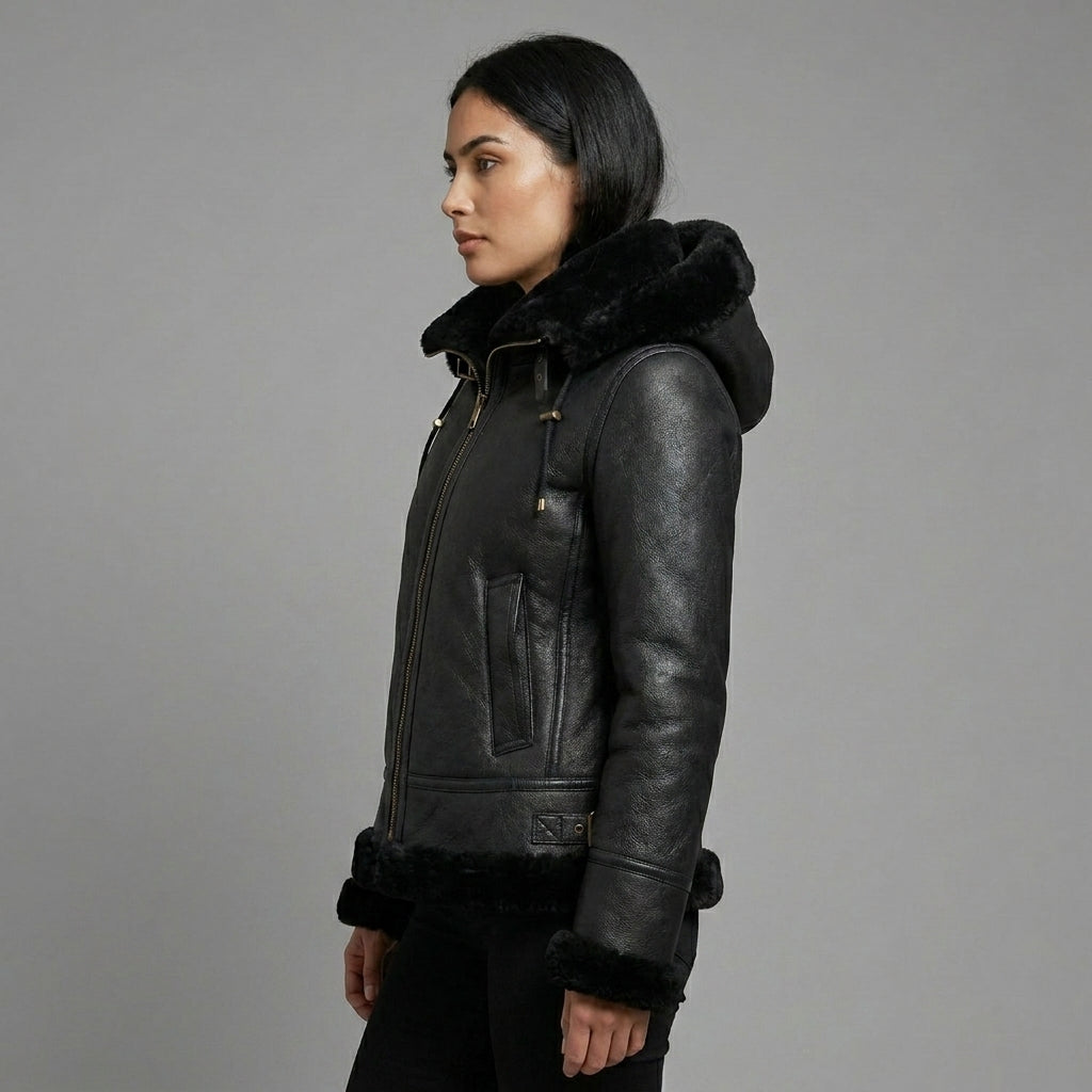 Women’s Classic Black B3 Shearling Bomber Jacket with Hood