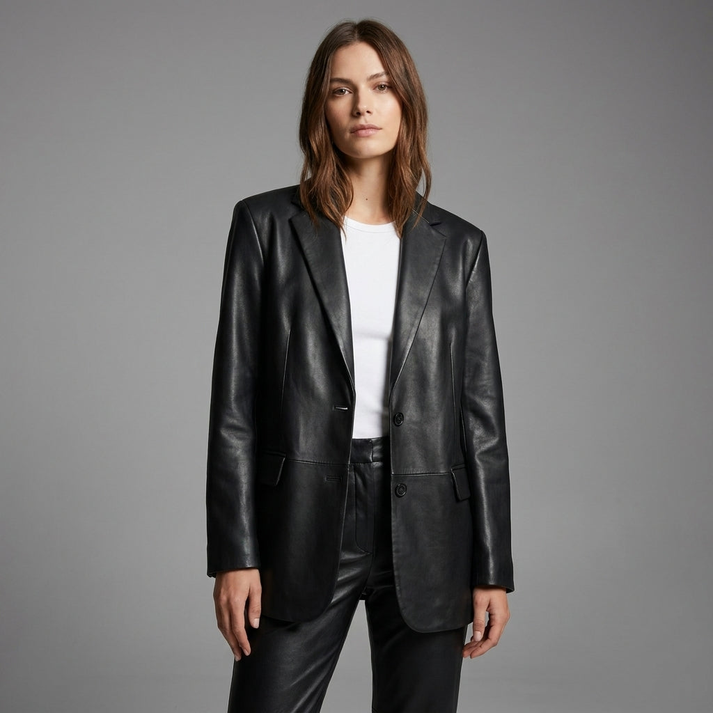 Women’s Classic Black Leather Blazer Jacket – Elegant Tailored Fit