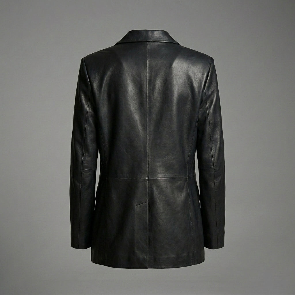 Women’s Classic Black Leather Blazer Jacket – Elegant Tailored Fit