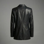 Women’s Classic Black Leather Blazer Jacket – Elegant Tailored Fit