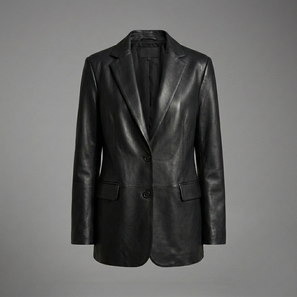 Women’s Classic Black Leather Blazer Jacket – Elegant Tailored Fit