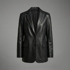 Women’s Classic Black Leather Blazer Jacket – Elegant Tailored Fit