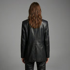 Women’s Classic Black Leather Blazer Jacket – Elegant Tailored Fit