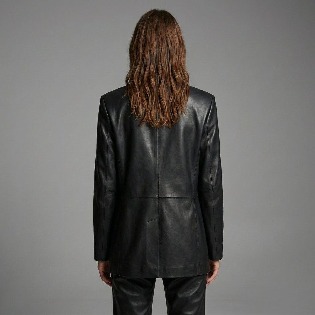 Women’s Classic Black Leather Blazer Jacket – Elegant Tailored Fit