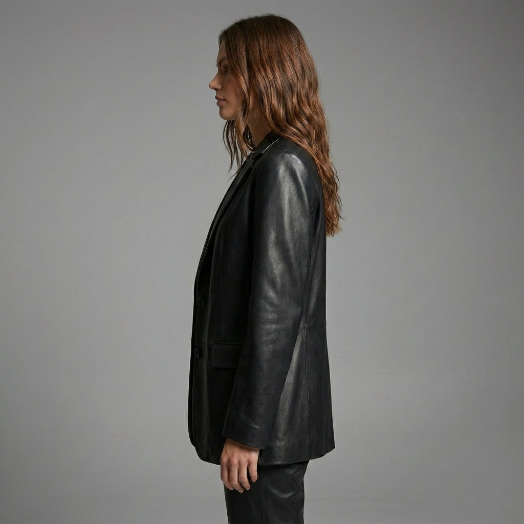Women’s Classic Black Leather Blazer Jacket – Elegant Tailored Fit