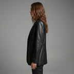 Women’s Classic Black Leather Blazer Jacket – Elegant Tailored Fit