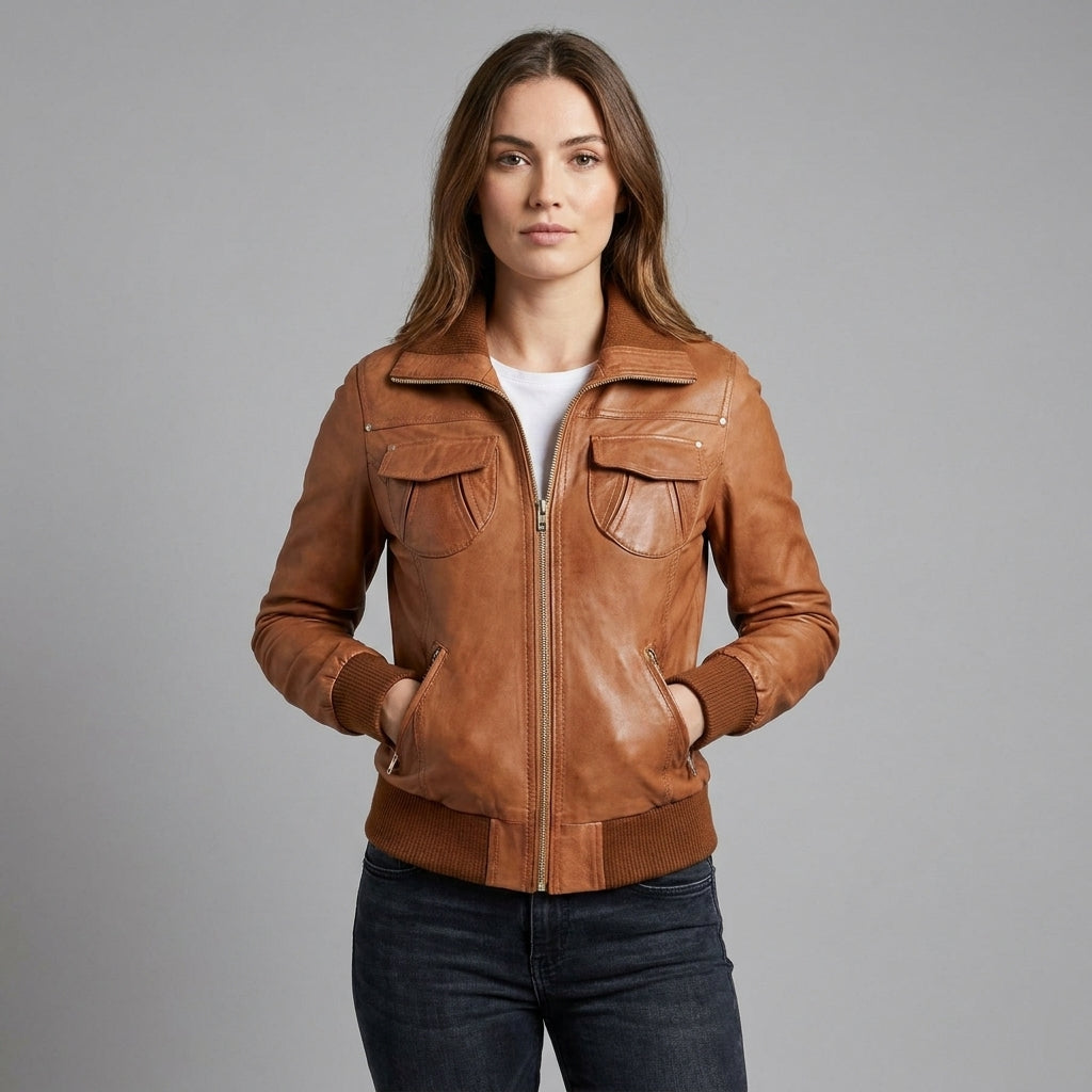 Women’s Classic Brown Leather Bomber Jacket