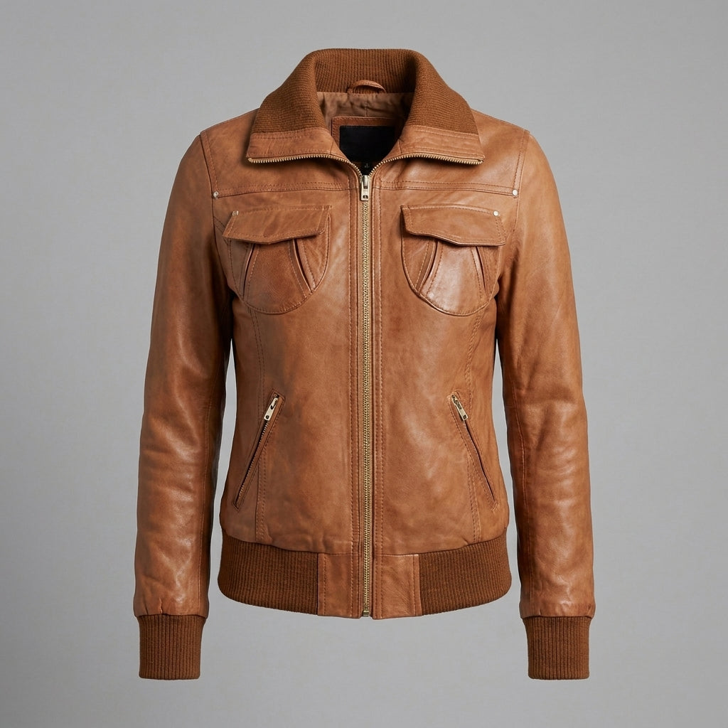 Women’s Classic Brown Leather Bomber Jacket