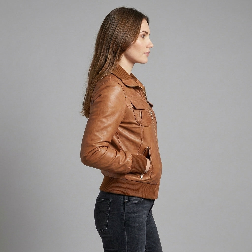 Women’s Classic Brown Leather Bomber Jacket