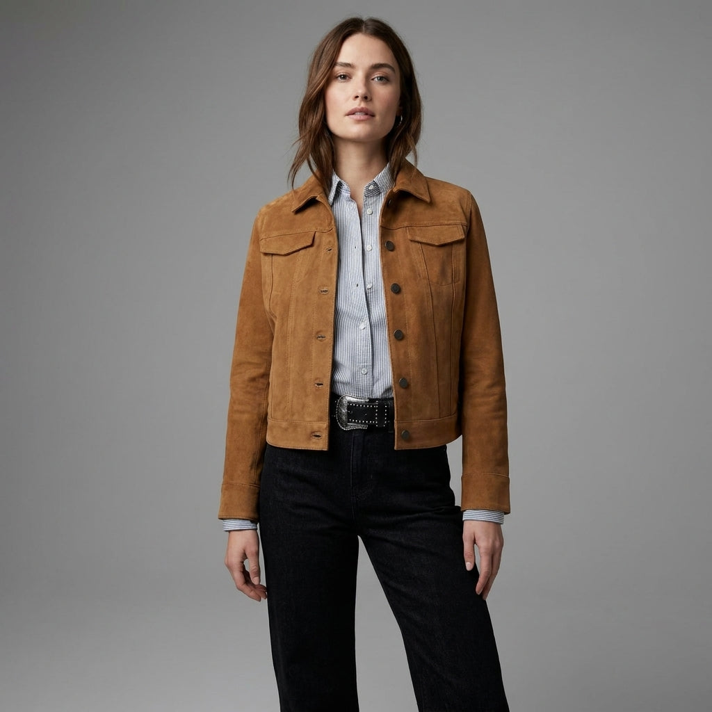 Women's Classic Brown Suede Trucker Leather Jacket