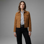 Women's Classic Brown Suede Trucker Leather Jacket