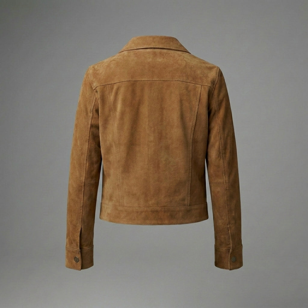 Women's Classic Brown Suede Trucker Leather Jacket