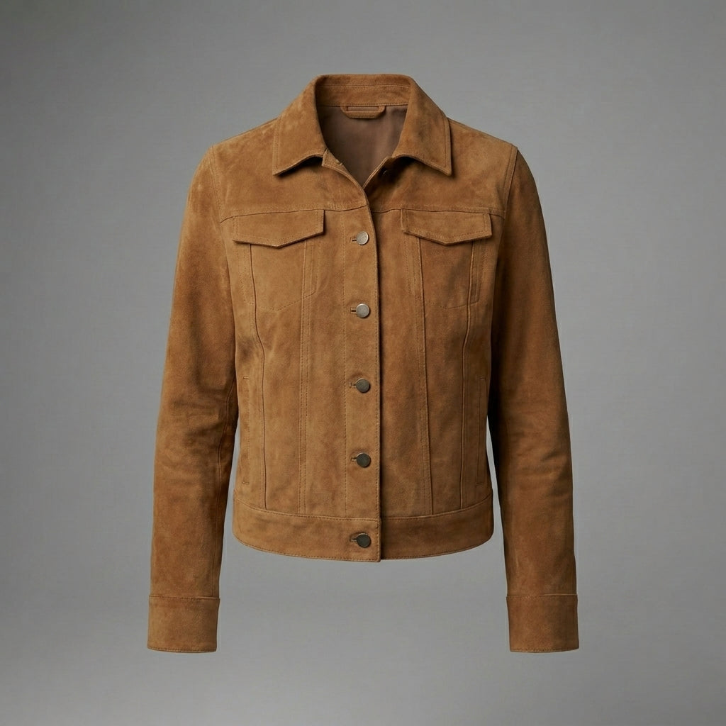 Women's Classic Brown Suede Trucker Leather Jacket