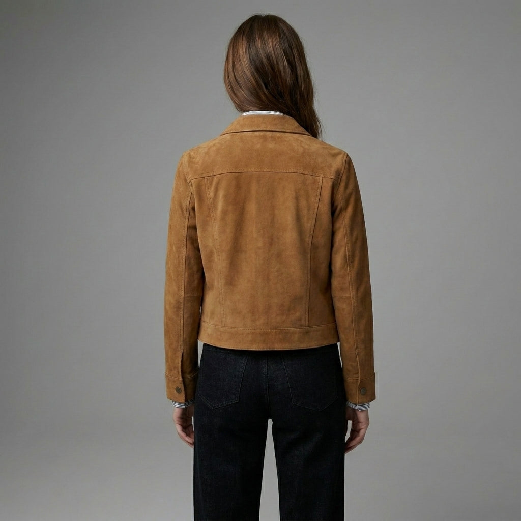 Women's Classic Brown Suede Trucker Leather Jacket