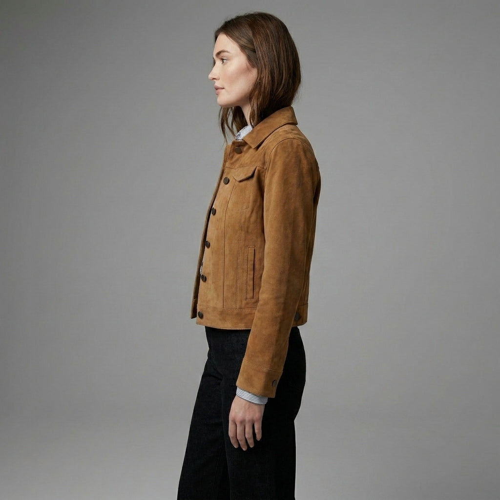 Women's Classic Brown Suede Trucker Leather Jacket