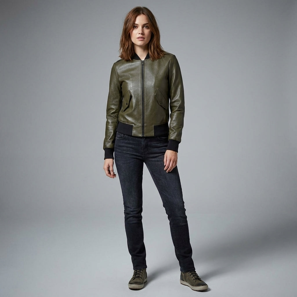 Women’s Collins Olive Green Leather Moto Jacket