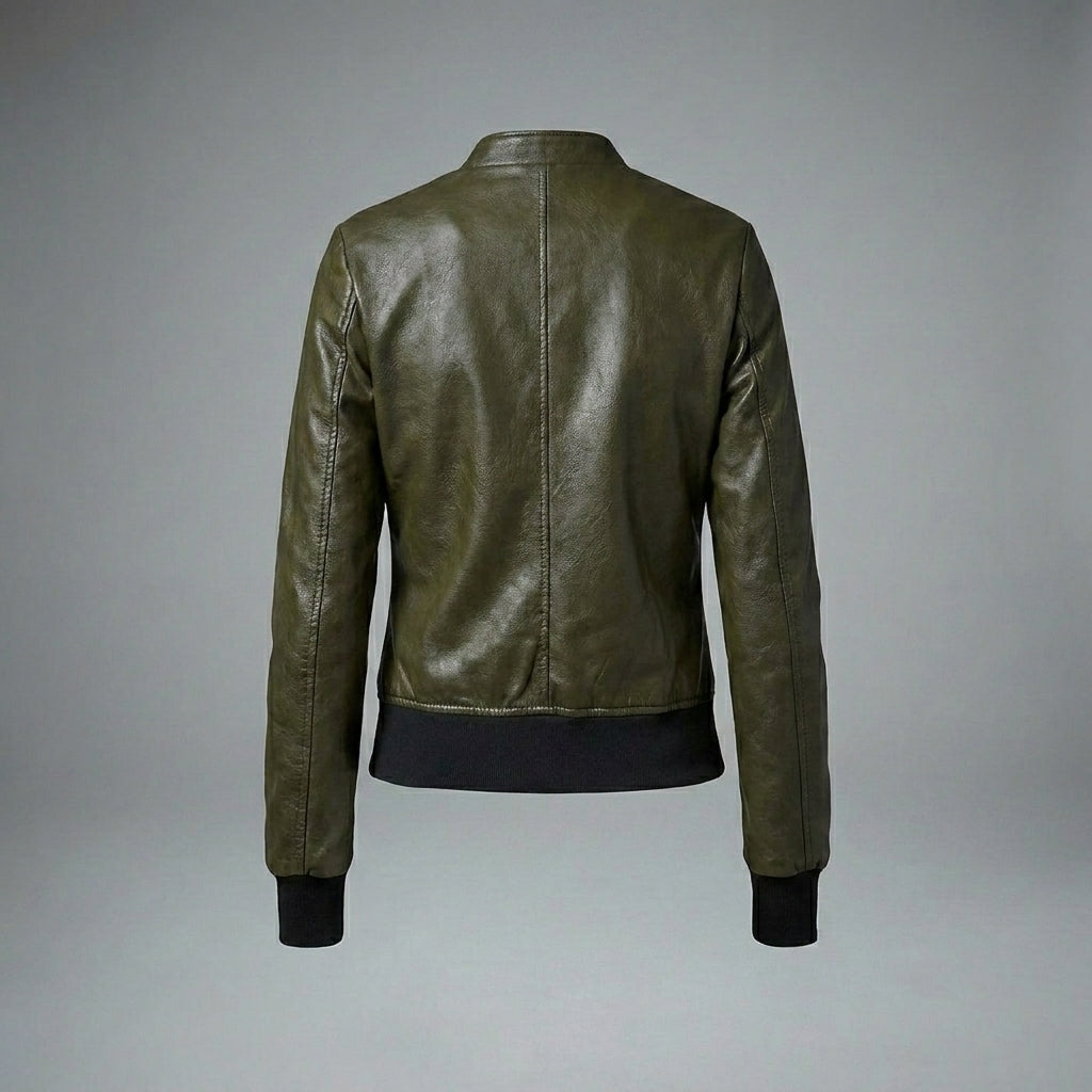 Women’s Collins Olive Green Leather Moto Jacket