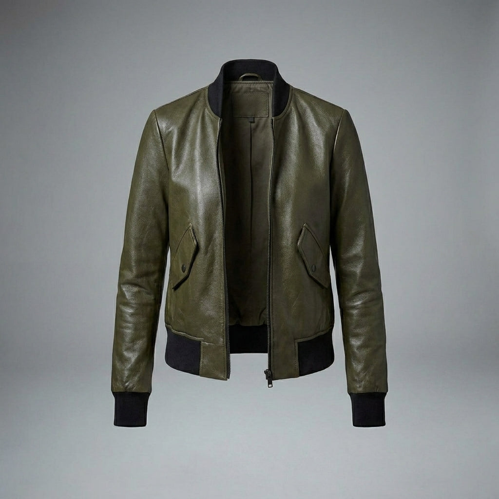 Women’s Collins Olive Green Leather Moto Jacket