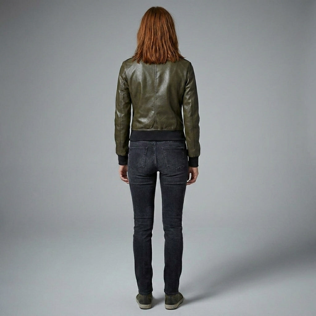 Women’s Collins Olive Green Leather Moto Jacket