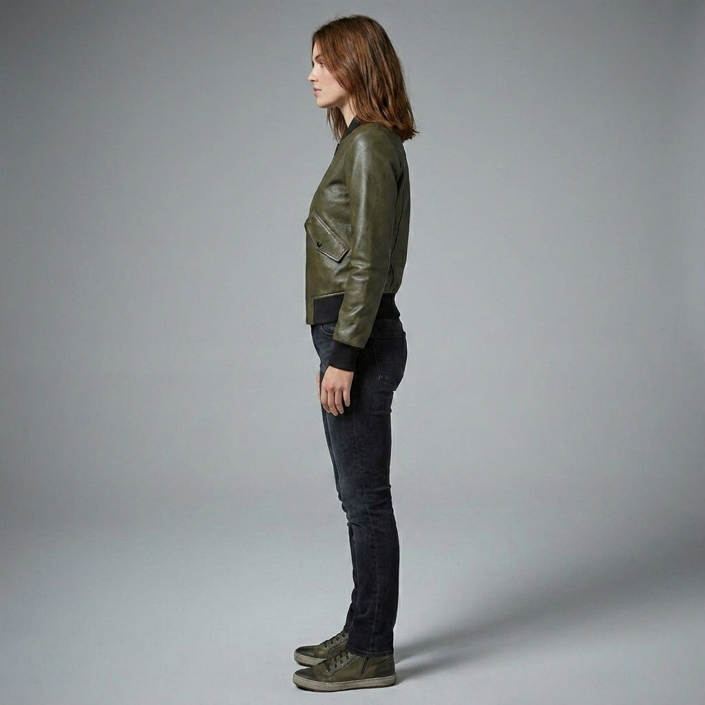 Women’s Collins Olive Green Leather Moto Jacket