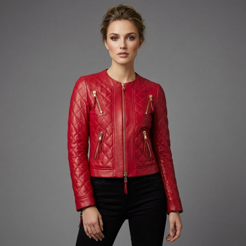 Women’s Crimson Band Collar Biker Leather Jacket