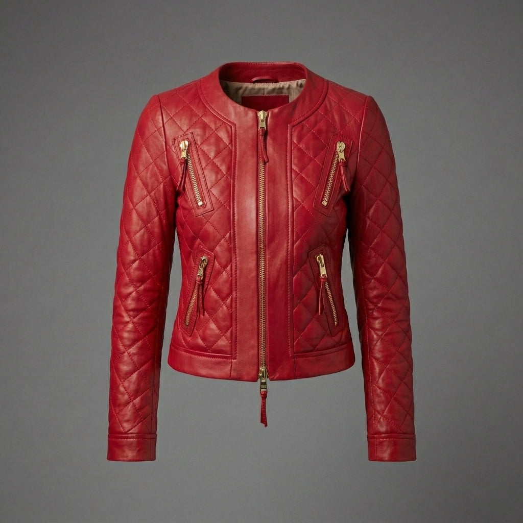 Women’s Crimson Band Collar Biker Leather Jacket