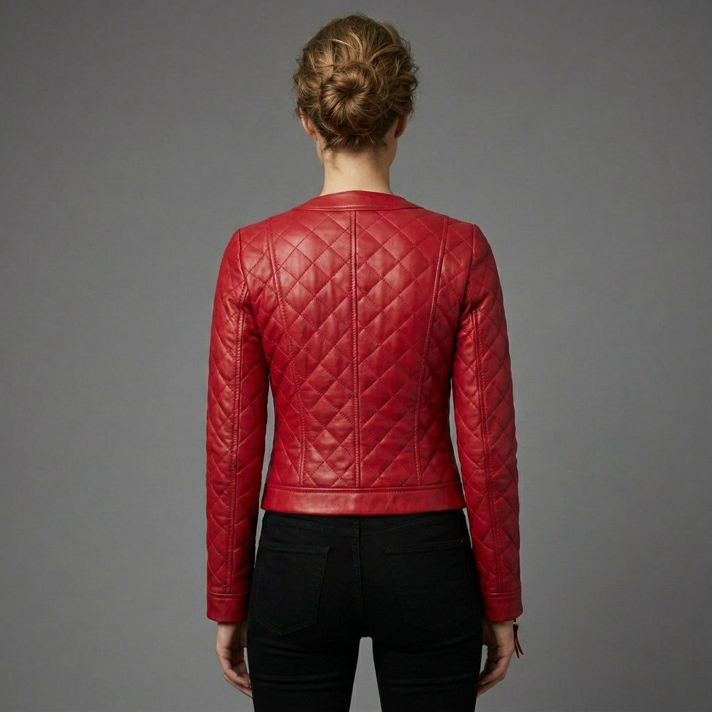 Women’s Crimson Band Collar Biker Leather Jacket