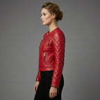 Women’s Crimson Band Collar Biker Leather Jacket