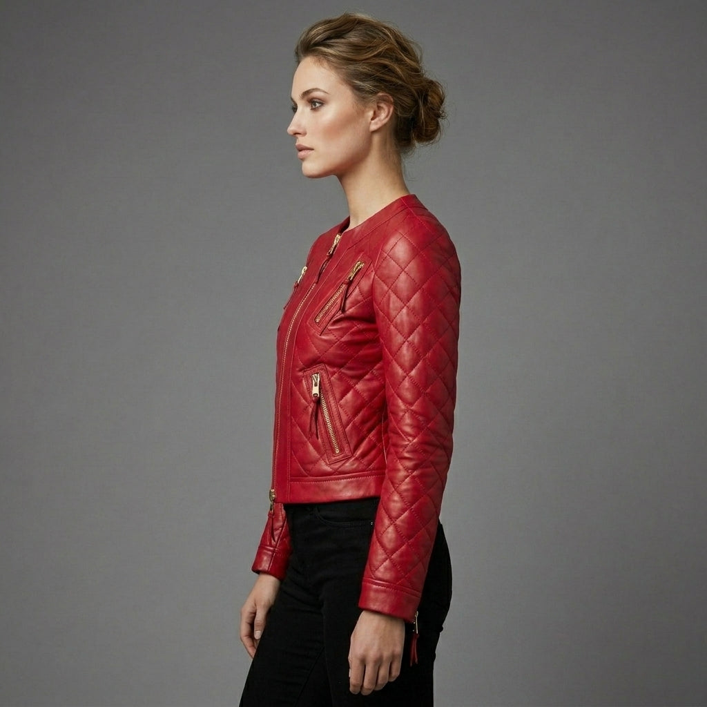 Women’s Crimson Band Collar Biker Leather Jacket