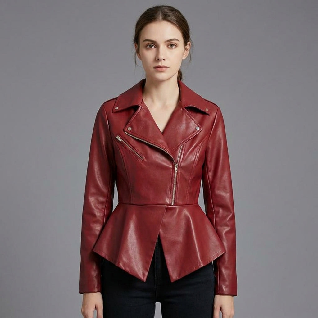 Women’s Crimson Peplum Leather Biker Jacket