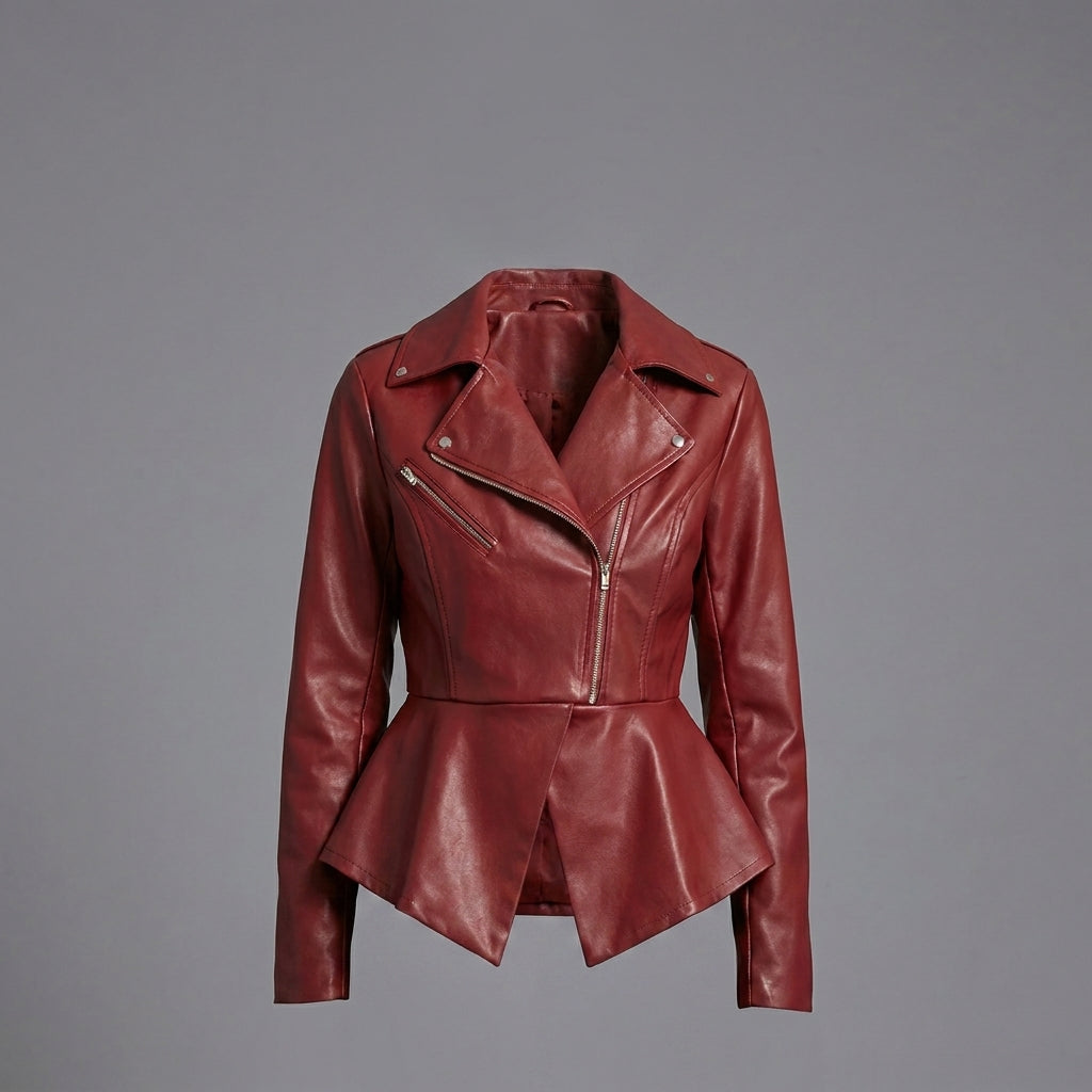 Women’s Crimson Peplum Leather Biker Jacket