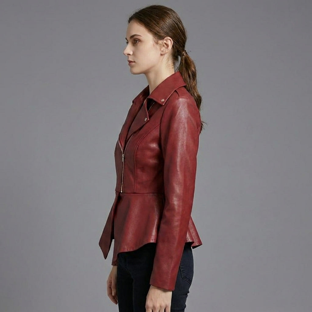 Women’s Crimson Peplum Leather Biker Jacket