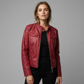 Women’s Crimson Red Genuine Leather Biker Moto Jacket with Zipper Pockets