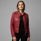 Women’s Crimson Red Genuine Leather Biker Moto Jacket with Zipper Pockets