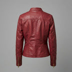 Women’s Crimson Red Genuine Leather Biker Moto Jacket with Zipper Pockets
