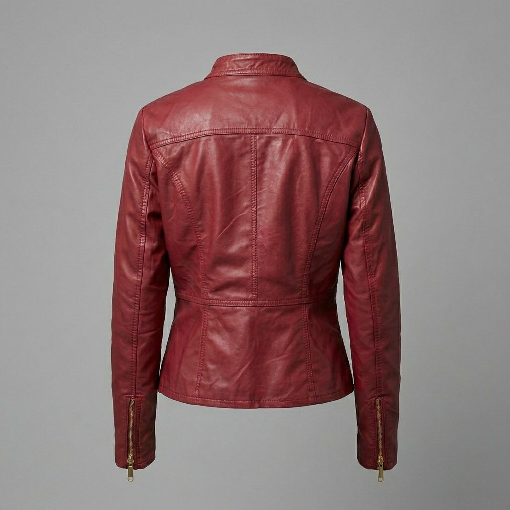 Women’s Crimson Red Genuine Leather Biker Moto Jacket with Zipper Pockets