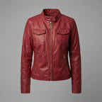 Women’s Crimson Red Genuine Leather Biker Moto Jacket with Zipper Pockets