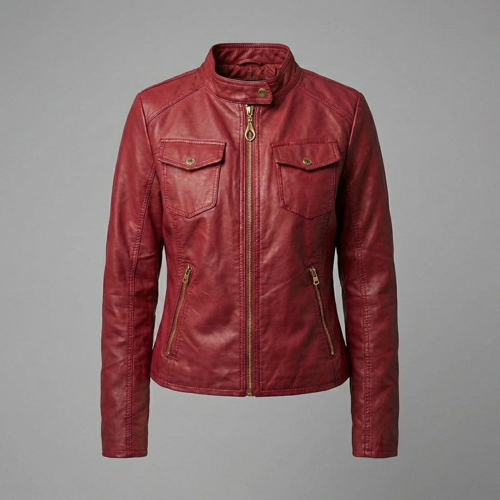Women’s Crimson Red Genuine Leather Biker Moto Jacket with Zipper Pockets