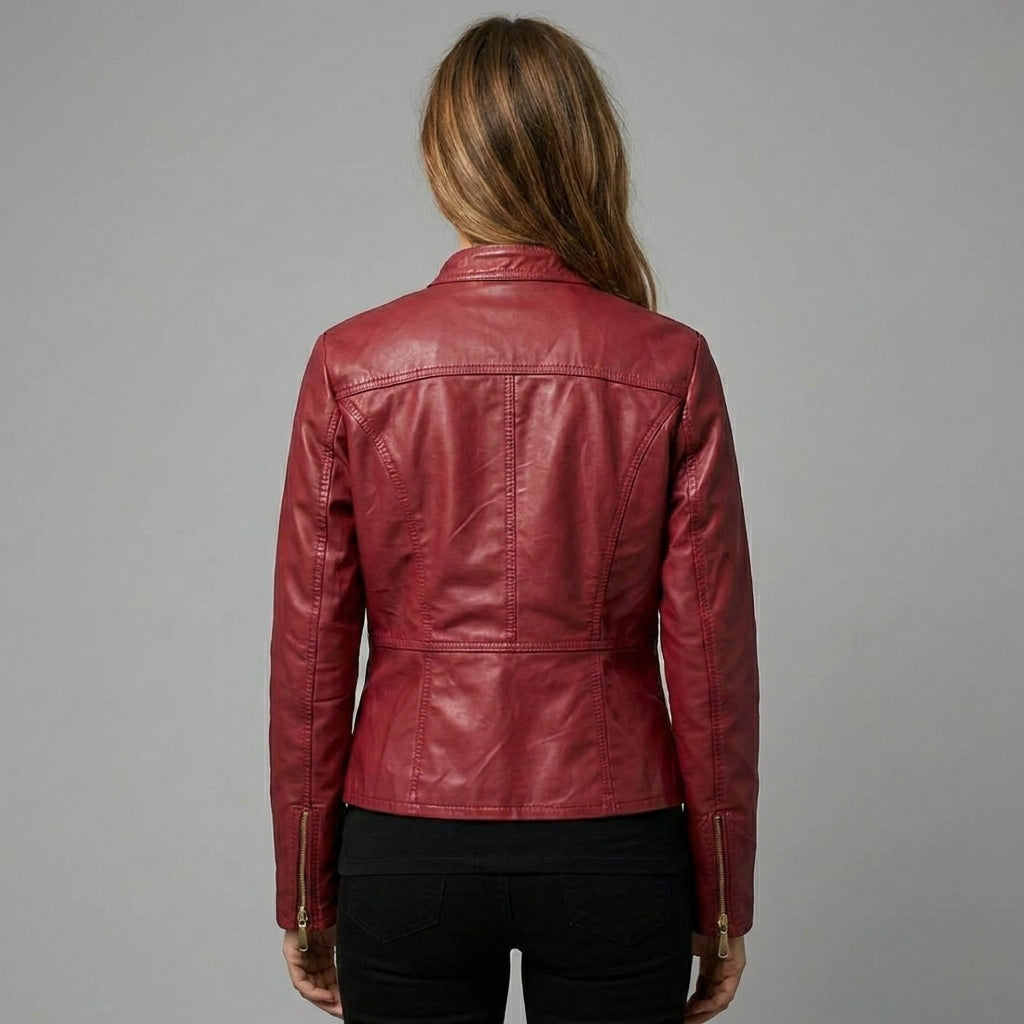 Women’s Crimson Red Genuine Leather Biker Moto Jacket with Zipper Pockets