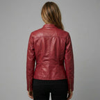 Women’s Crimson Red Genuine Leather Biker Moto Jacket with Zipper Pockets
