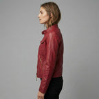 Women’s Crimson Red Genuine Leather Biker Moto Jacket with Zipper Pockets