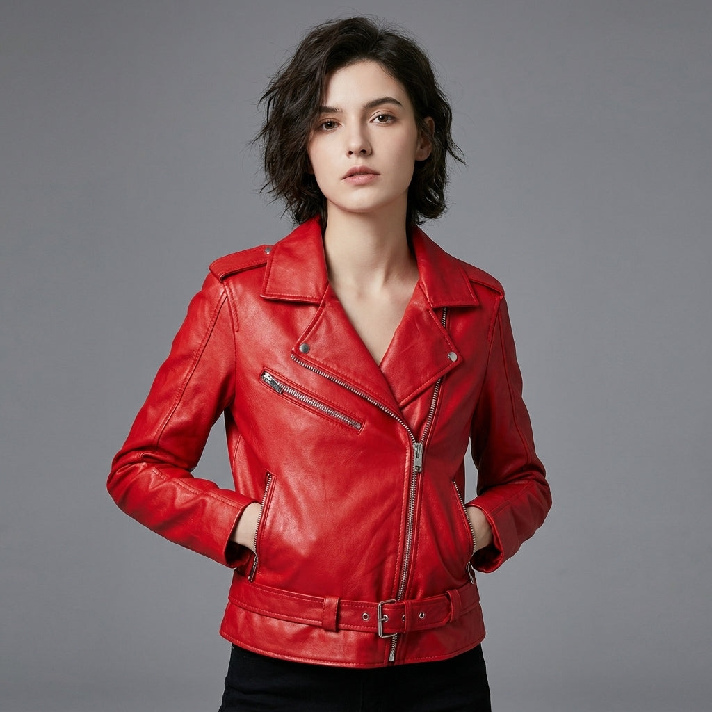Women’s Crimson Red Leather Biker Jacket – Moto Style Essential