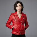 Women’s Crimson Red Leather Biker Jacket – Moto Style Essential