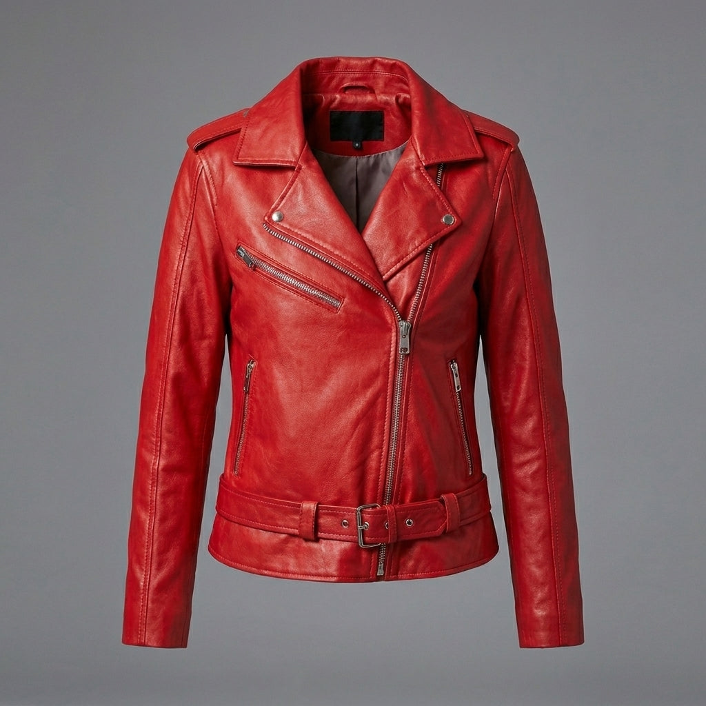 Women’s Crimson Red Leather Biker Jacket – Moto Style Essential