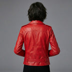Women’s Crimson Red Leather Biker Jacket – Moto Style Essential