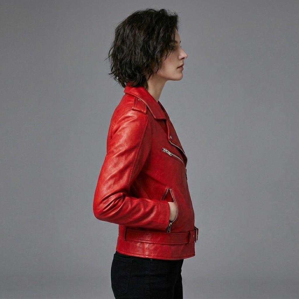 Women’s Crimson Red Leather Biker Jacket – Moto Style Essential