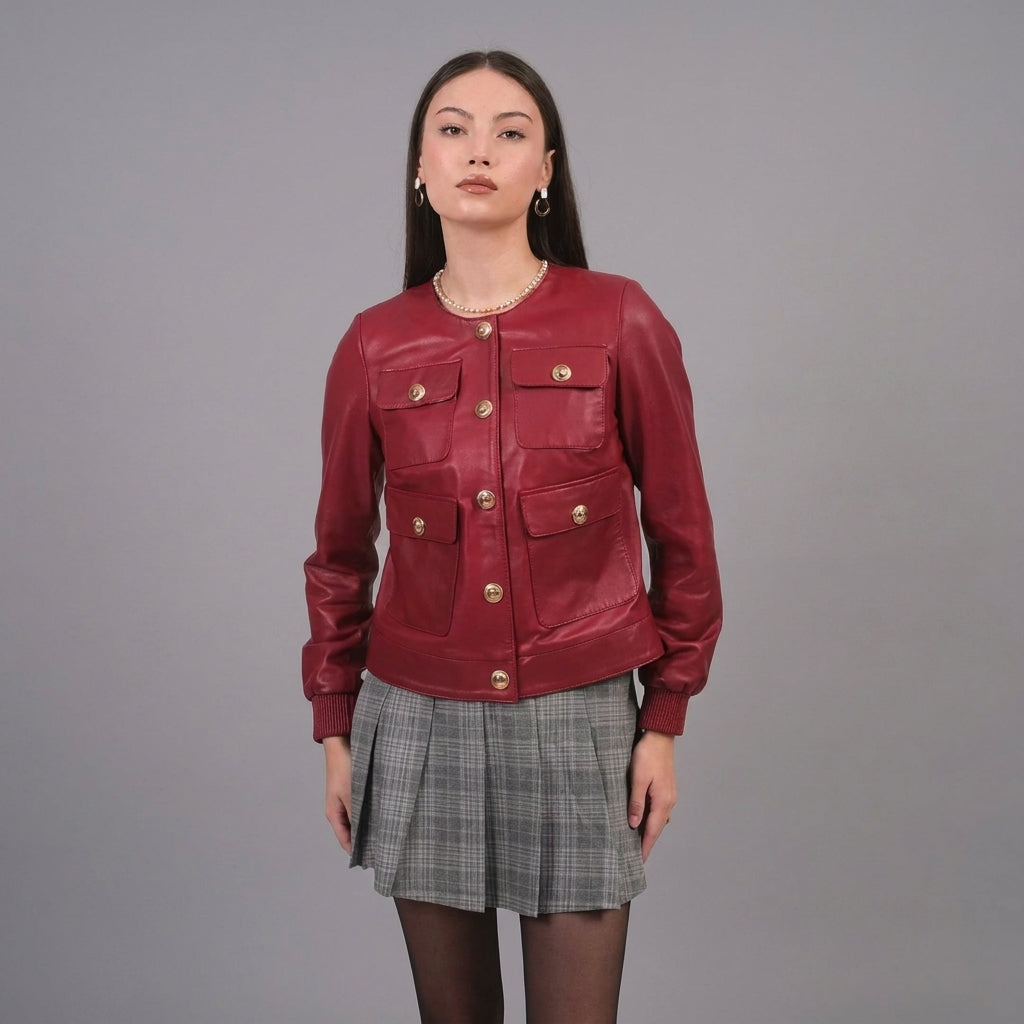 Women’s Crimson Red Military Style Leather Jacket