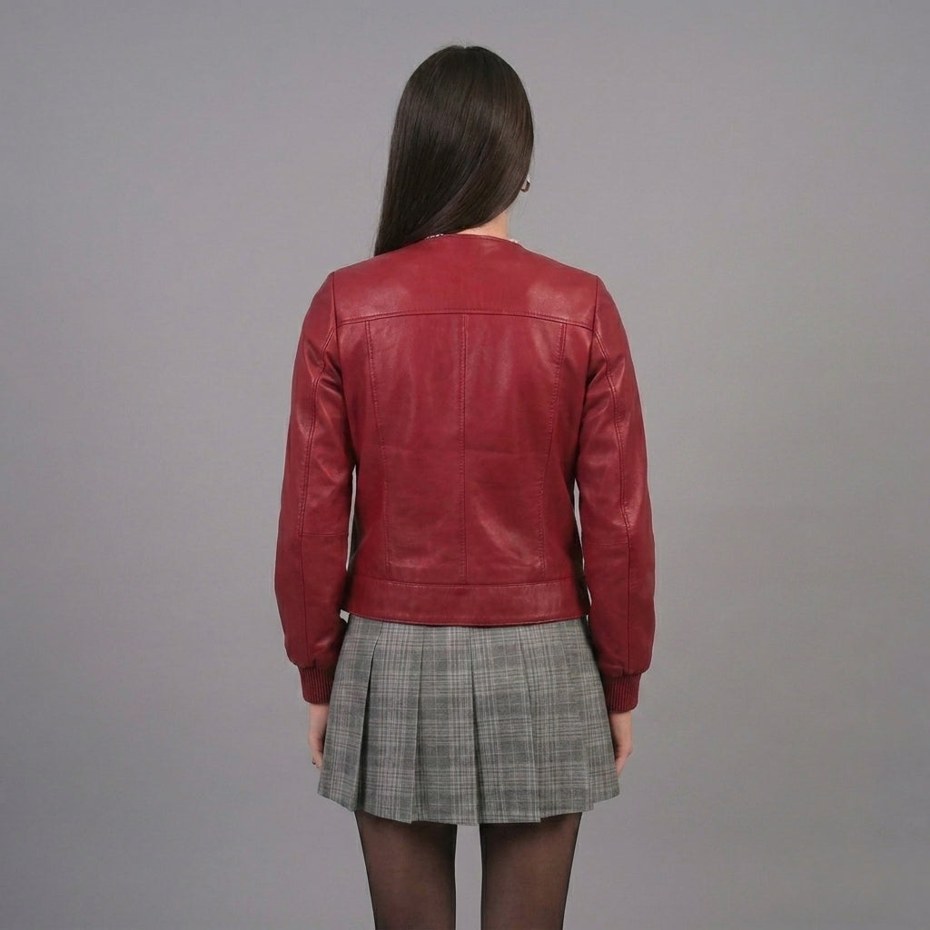 Women’s Crimson Red Military Style Leather Jacket