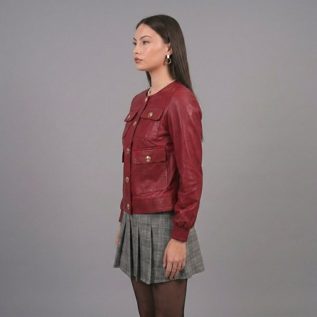 Women’s Crimson Red Military Style Leather Jacket