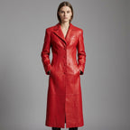 Women’s Crimson Steampunk Leather Button-Up Trench Coat
